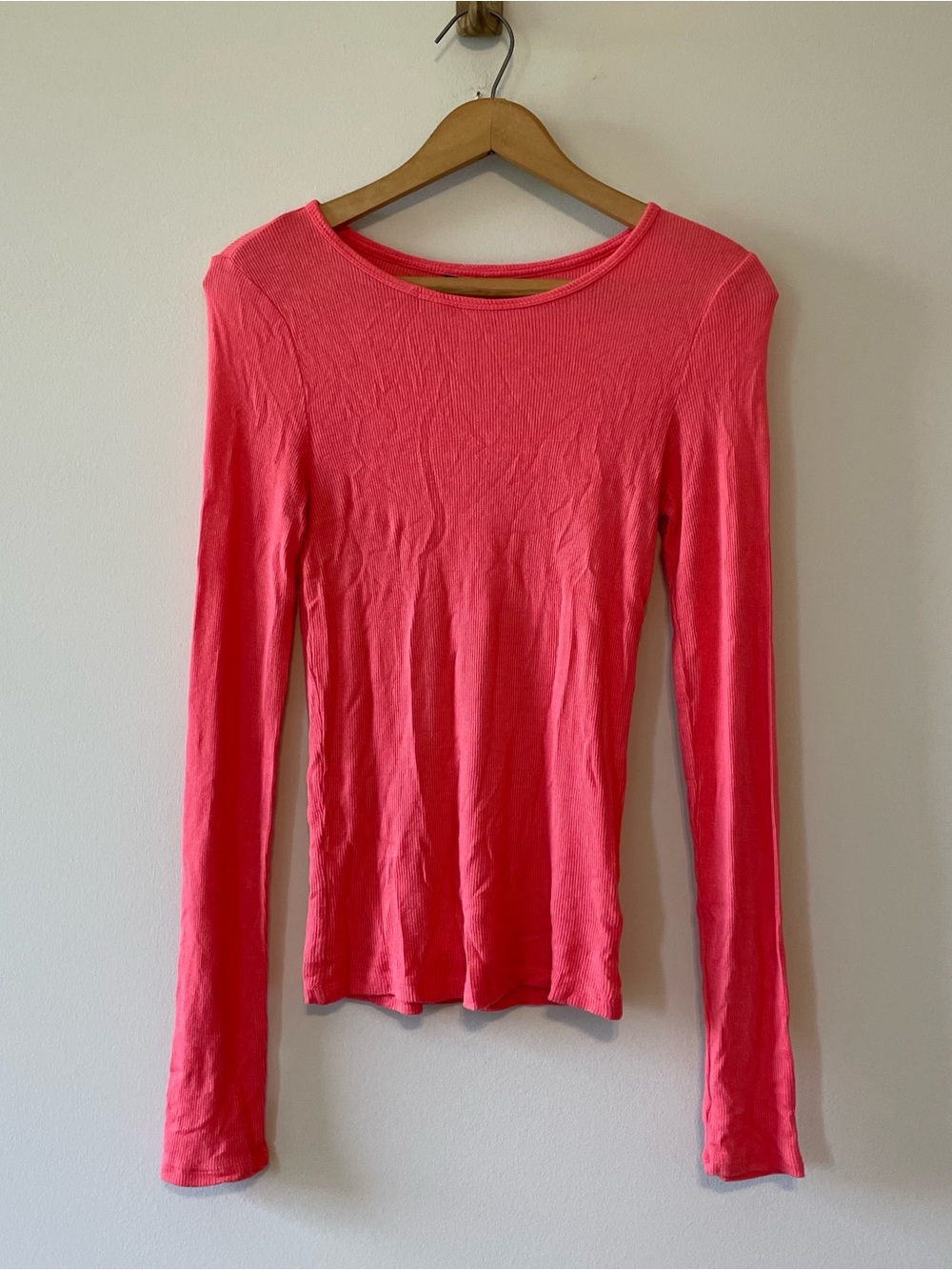 Pink Ribbed T-Shirt Size Medium Long Sleeve Casual Stretch Slim Fit Slouch